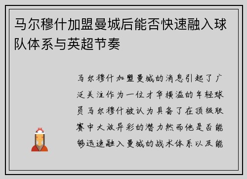 马尔穆什加盟曼城后能否快速融入球队体系与英超节奏