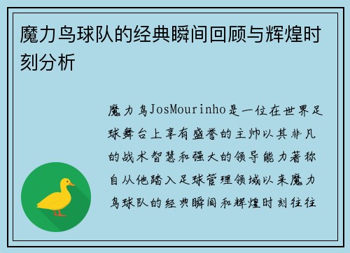 魔力鸟球队的经典瞬间回顾与辉煌时刻分析 魔力鸟球队的经典瞬间回顾与辉煌时刻分析